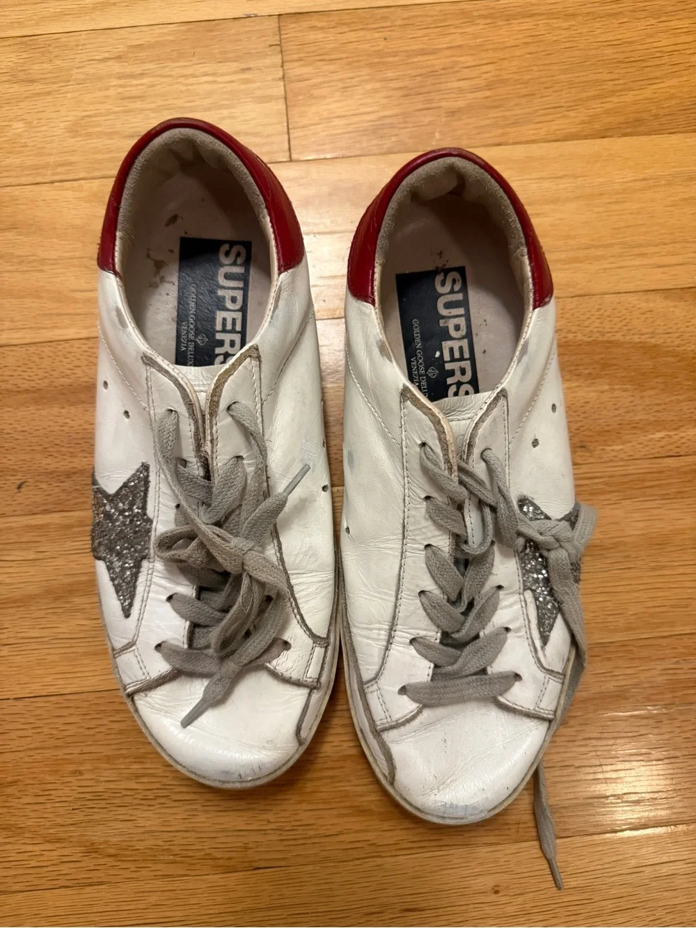 Golden Goose Superstar Leather Sneakers in White, Red, and Silver
